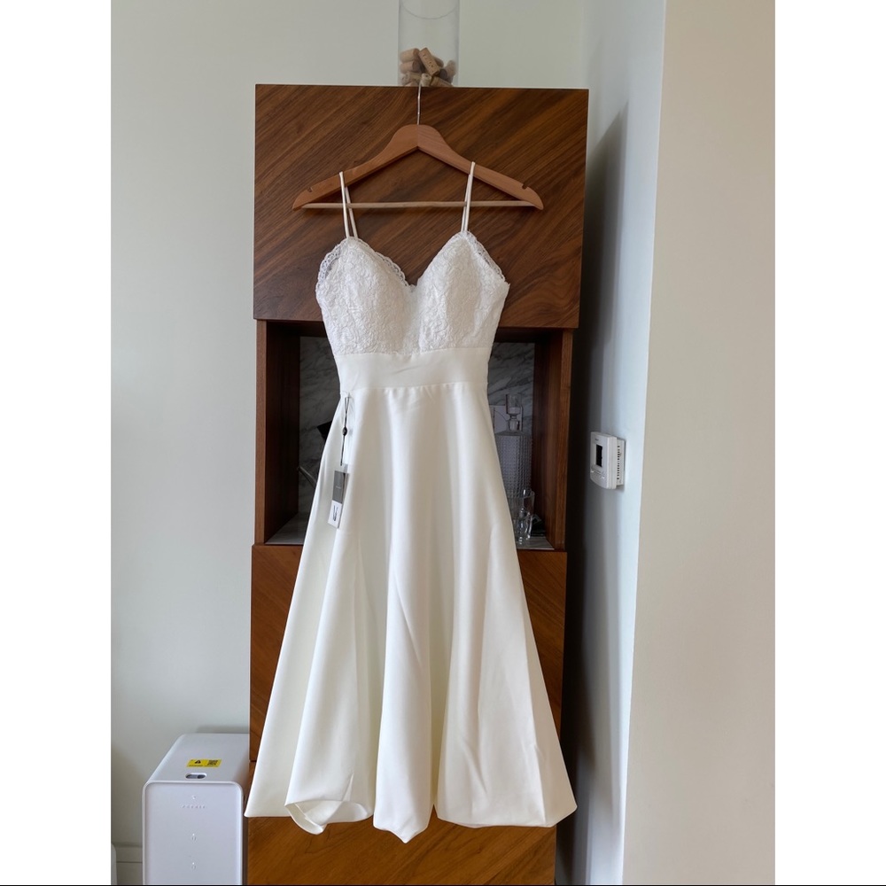 Minimal White Satin and Lace midi dress with straps